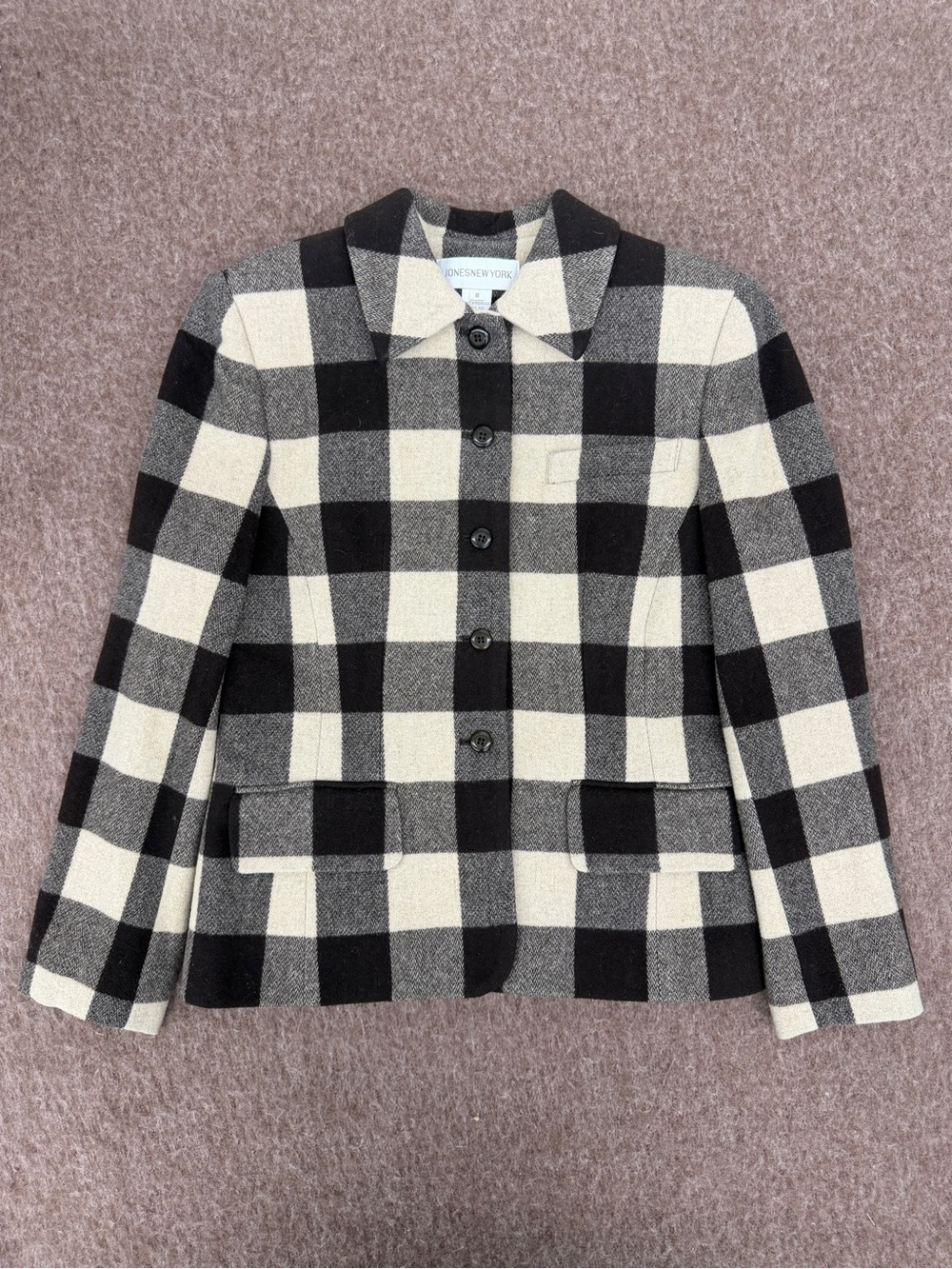 Jones New York Black & White Plaid Button-Up Women’s 8 Preppy Fall/Winter Jacket